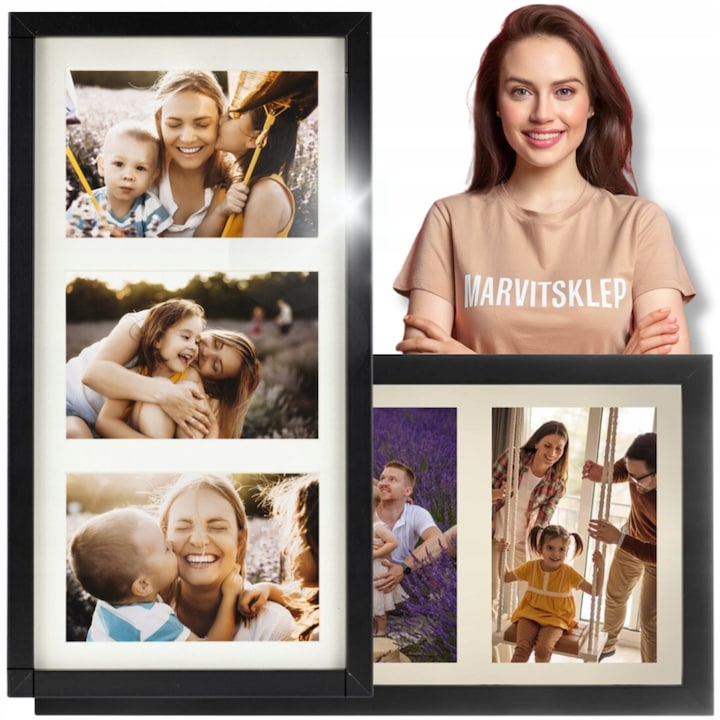 Rama foto colaj Marvit, culoare neagra, realizata din MDF durabil, dimensiuni 20,5 x 37,5 cm, cu 3 spatii pentru fotografii, ideala pentru decor modern de perete, potrivita pentru cadou elegant sau pentru pastrarea amintirilor speciale acasa sau la birou