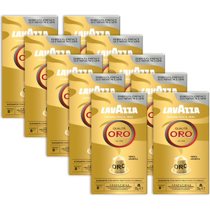 Set 10 x Cafea capsule, Lavazza Qualita Oro, compatibile Nespresso, aluminiu, 100 buc x 5.7 g