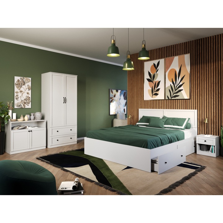 Set Mobila Dormitor, Class C02, Pat 160 x 200, 2 Noptiere, Comoda cu Usi si Dulap 83cm