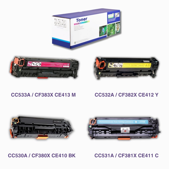 Set de 4 Cartuse toner, 11.900 pagini, marca D-toner compatibile cu HP CC530A, CC531A, CC532A, CC533A, BK/C/M/Y, Laserjet CM2320 CB MFP, CP2020 SERIES, CP2025 X, CM2720 FXI MFP, CP2026 DN
