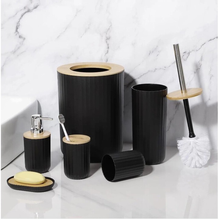 Комплект от 6 аксесоара за баня, Zola, дозатор за течен сапун, поставка за четка и паста за зъби, сапунерка, тоалетна четка с поставка, кошче за боклук, пластмаса и бамбук, черно