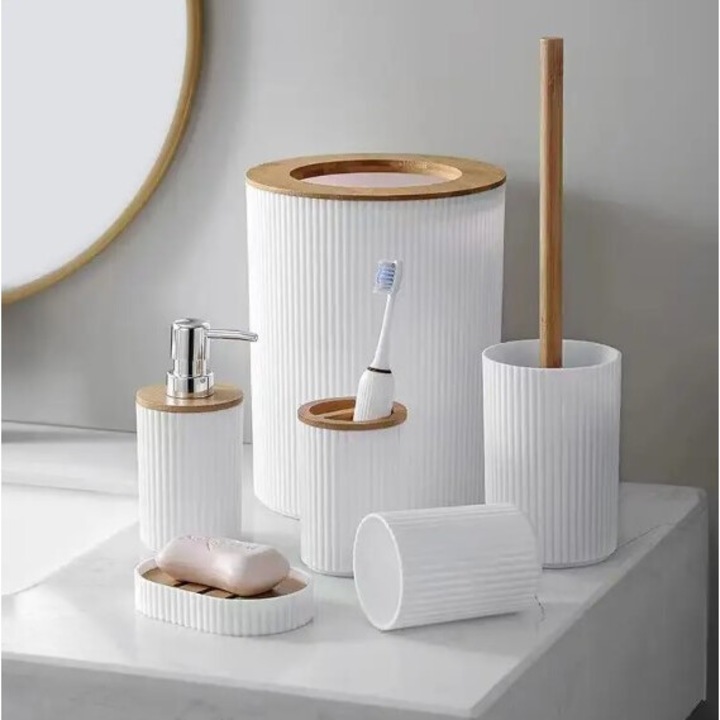 Комплект от 6 аксесоара за баня, Zola, дозатор за течен сапун, поставка за четка и паста за зъби, сапунерка, тоалетна четка с поставка, кошче за боклук, пластмаса и бамбук, бяло