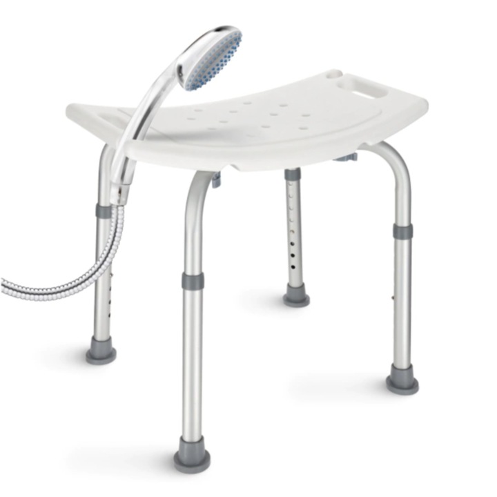 Zuhanyszék, 4FIZJO, mozgássérültek számára, csúszásmentes lábak, könnyű súly, könnyen tárolható, kiváló minőségű anyagok, nedvességálló, állítható magasság 39 - 56 cm, maximális terhelés 110 kg, Alumínium/Plasztik, fehér