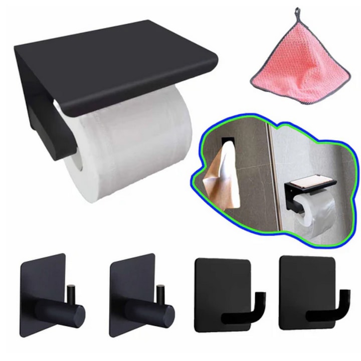 Set 6 Suport Hartie Igienica, 4 cuiere, Prosop mic, Autoadeziv, Inox, Negru, 14x10 cm