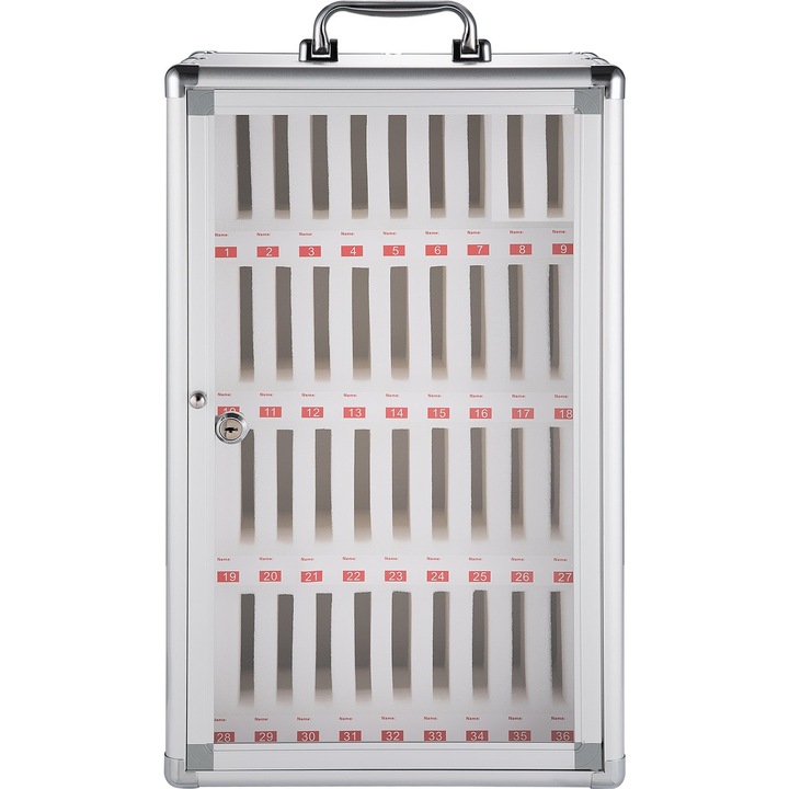 Шкаф органайзер, с ключалка за подреждане на мобилни телефони с 36 отделения и етикети, изработен от алуминиева сплав, В 51см, Ш 32см, дълбочина 20см, сив