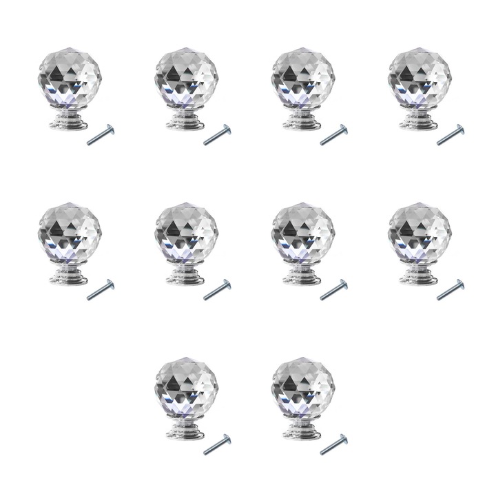 10 db-os szekrényfogantyú készlet, CRPJ kristály bútorgomb, fényes króm, fi 30mm, konyhai fiókos komódhoz, átlátszó