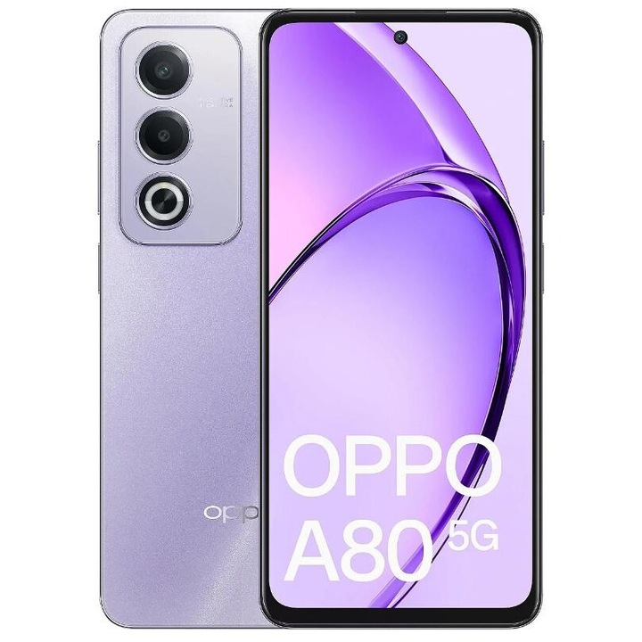 Мобилен телефон Oppo A80, осемядрен процесор Mediatek Dimensity 6300, IPS LCD 6.67", 8GB RAM, 256GB флаш, двойна камера 50 + 2 MP, Wi-Fi, 5G, две SIM карти, Android Purple