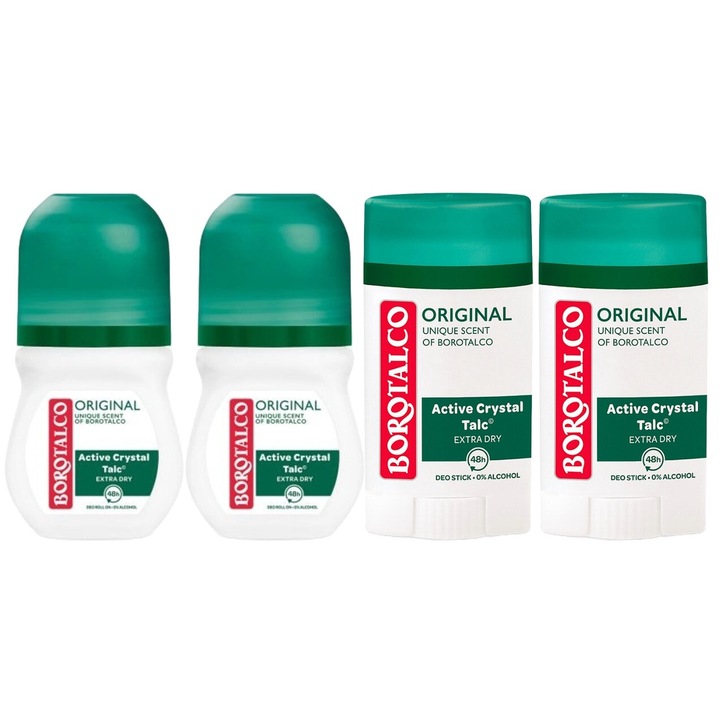 Szett 4x Borotalco Variety Bundle, 2x Deo Roll On 50ml 48h Original, 2x Antiperspirant Stick 40ml Original, Egész napos friss, Intense Fresh Fragrance, Fehér foltok ellenes, élénkítő, hosszan tartó frissesség, 48 órás védelem