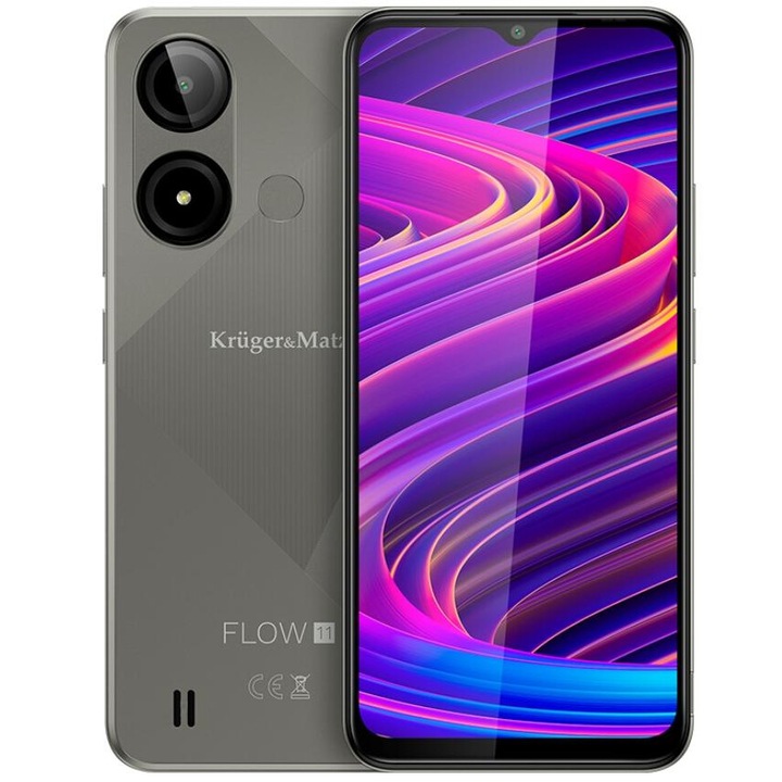 Мобилен телефон Kruger&Matz Flow 11, осемядрен процесор Unisoc SC9863A, IPS екран 6.56", 4 GB RAM, 64 GB флаш, 13 MP камера, Wi-Fi, 4G, две SIM карти, Android Grey