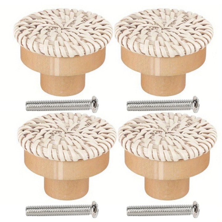 Set de 4 manere pentru mobilier Sertare Dulapuri + suruburi, Rattan, Diametru 40mm, Alb