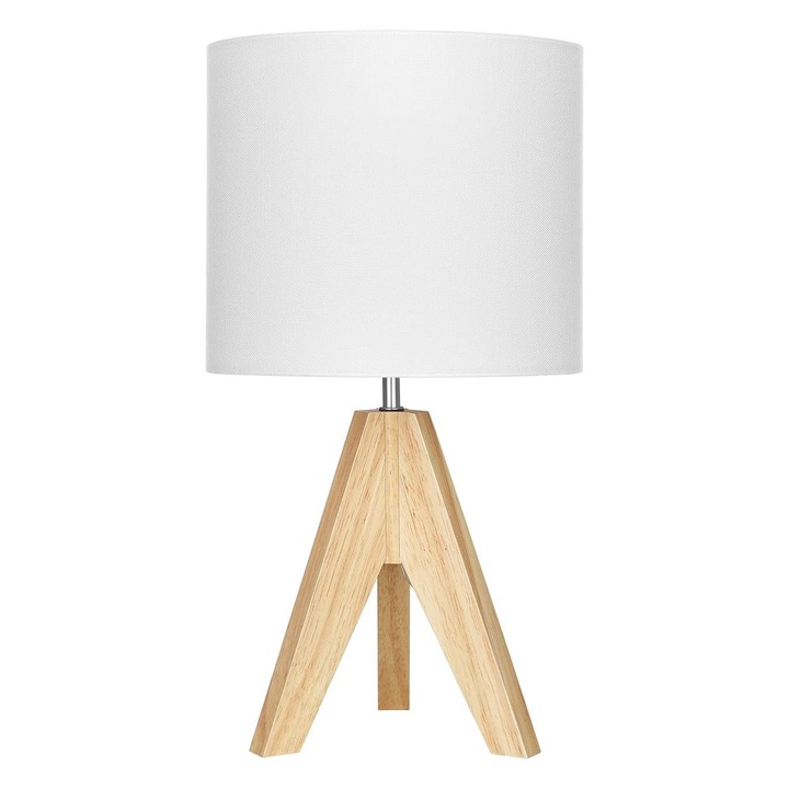 Veioza EDISHINE, 36 cm cu picior din lemn si abajur textil, baza E27, comutator ON/OFF, stil modern, culoare alb