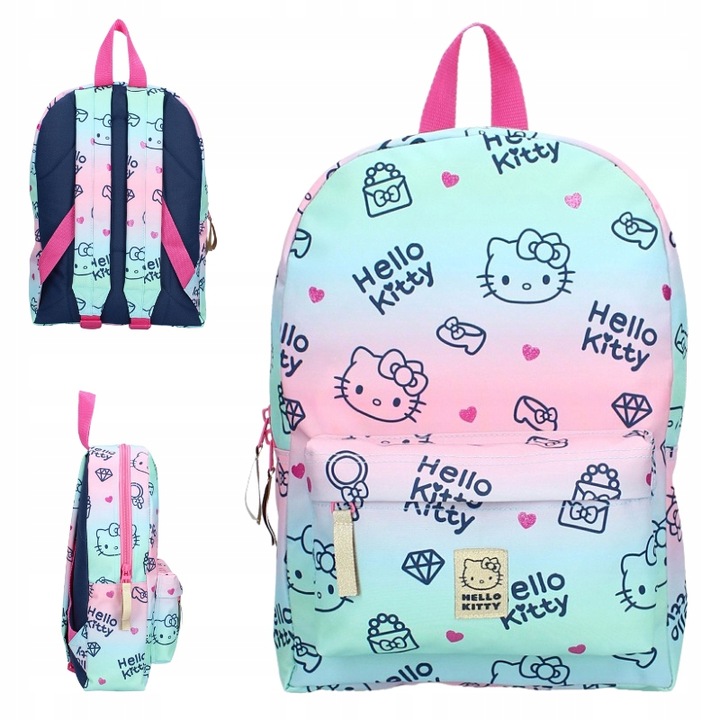 Rucsac Scolar, Vadobag, Hello Kitty Vesela, Curele Reglabile, Maner De Transport, Buzunar Cu Fermoar, 23 x 33 x 9 cm, Roz, Verde, Alb