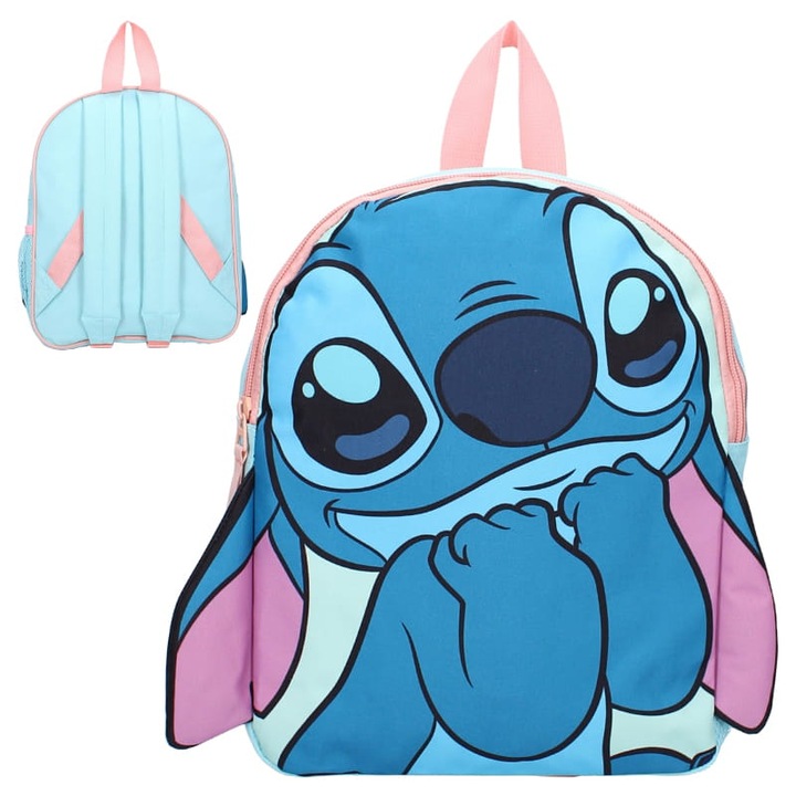 Rucsac, Vadobag, Stitch Fluffy Friends, Compartiment Principal Incapator, Buzunar Din Plasa Lateral, Curele De Umar Reglabile Si Maner De Transport, 26 x 32 x 11 cm, Albastru