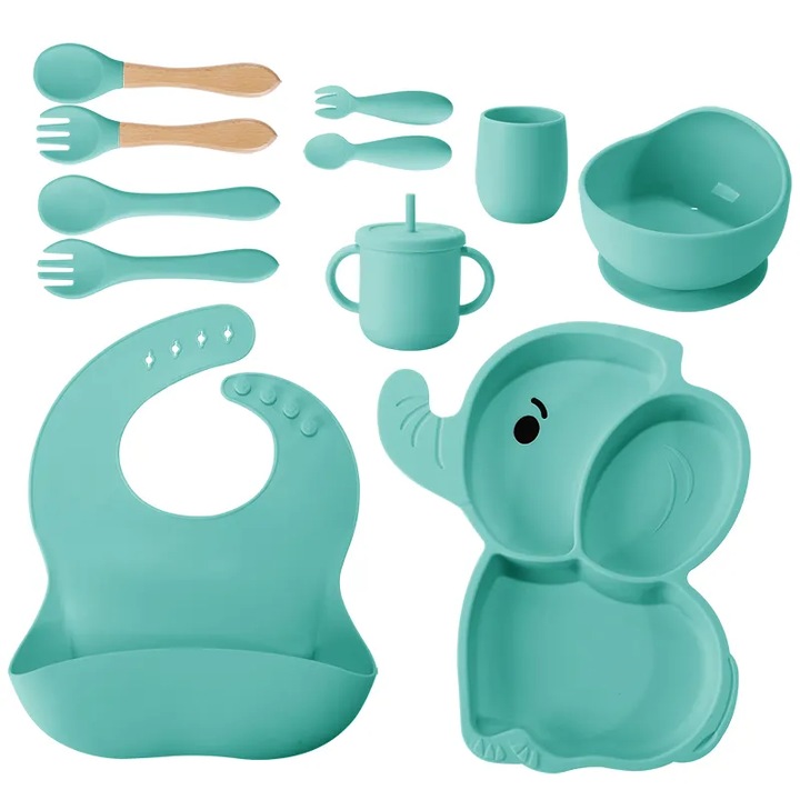 Set 10 Piese Diversificare Bebelusi SELEXMO® din Silicon, Baveta, Farfurie Compartimentata cu Ventuza, Bol cu Ventuza, Tacamuri din Lemn si Silicon, cana, fara Alergeni, Elefant Albastru