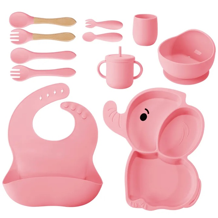 Бебешки комплект SELEXMO, от 10 силиконови части, лигавник, чиния с отделения и вендуза, купа с вендуза, дървени и силиконови прибори за хранене, чаша за закуска, без алергени, Розов