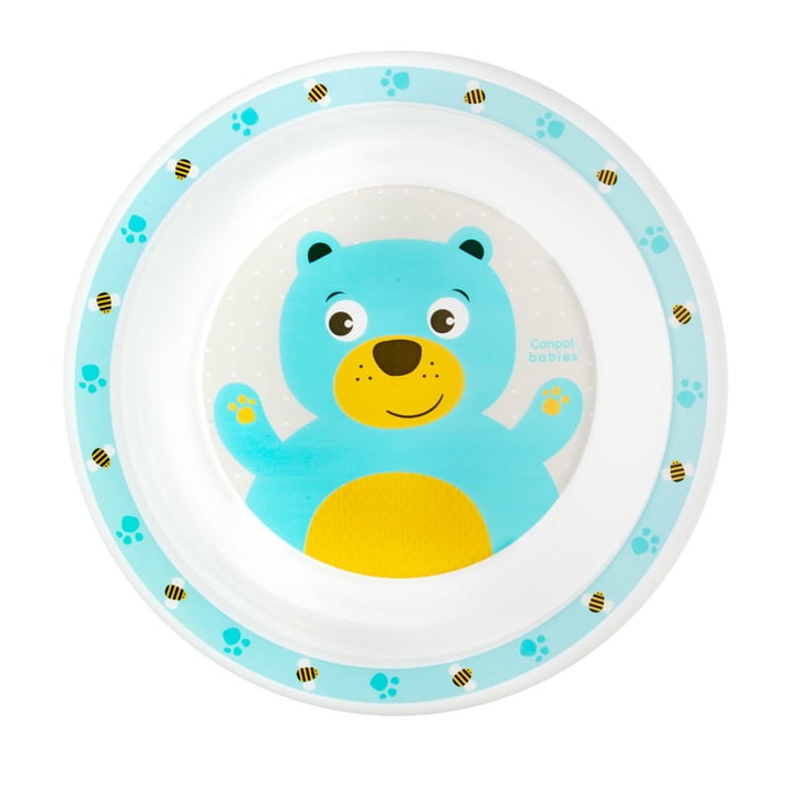 Чиния, Canpol Babies, чиния с мечета със сладки животни, без BPA, подходяща за съдомиялна машина, подходяща за микровълнова фурна, за бебета от 9 месеца