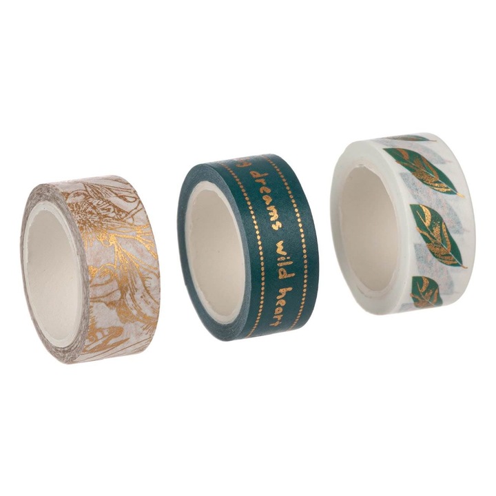 Set 3 Benzi Adezive Washi, 1.5 cm x 5 m, Design Verde cu Frunze si Mesaj Motivational, Pentru Scrapbooking si Proiecte DIY