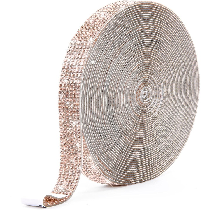 Banda Adeziva Decorativa cu Strasuri Roz Aurii 1m x 1.3cm Pentru Decoratiuni si Proiecte DIY