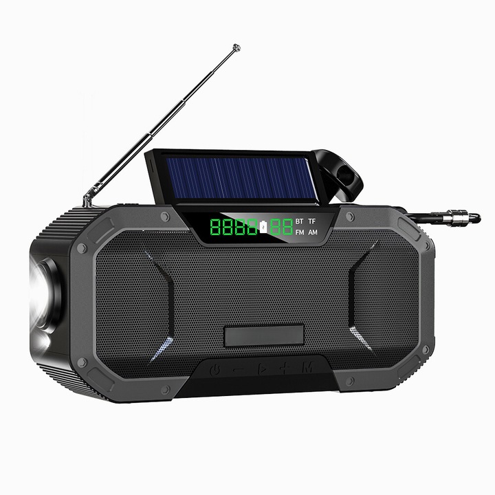 Многофункционално портативно радио, Bluetooth, SOS фенерче, AM/FM, Цифров дисплей, Зареждане чрез кабел, ръчно и соларно, Батерия 5000mAh, Черен