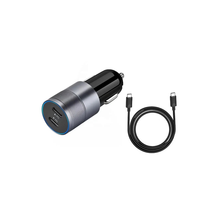 Тип C зарядно за кола за запалка, включен USB-C кабел, PD бързо зареждане 40 W, двоен чип, сиво