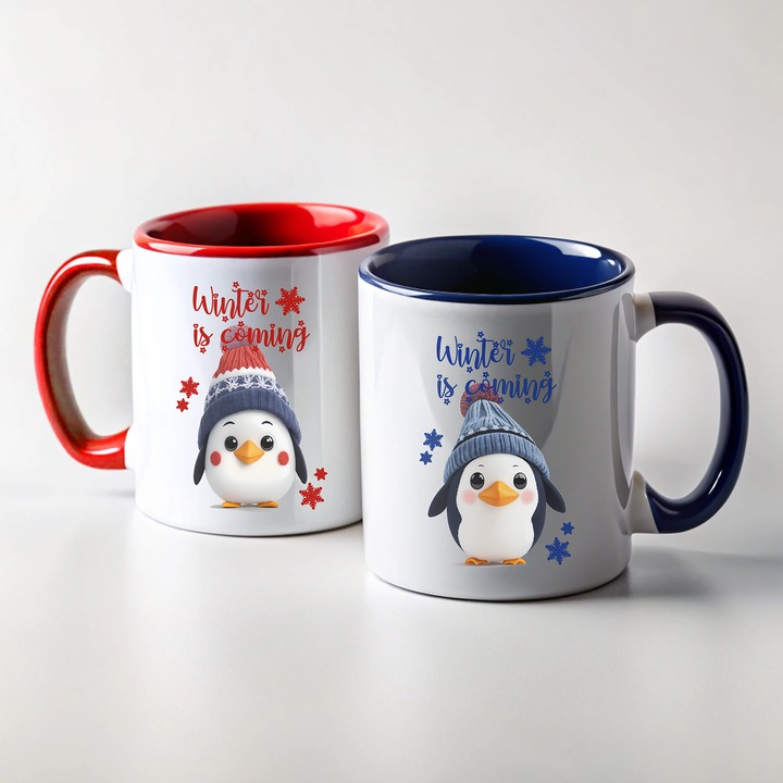Set 2 cani ceramica, model iarna cu pinguini, winter is coming, 350ml