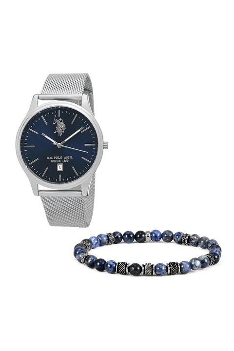 U.S. Polo Assn., Set de bratara si ceas din otel inoxidabil cu pietre semipretioase, Argintiu, Negru