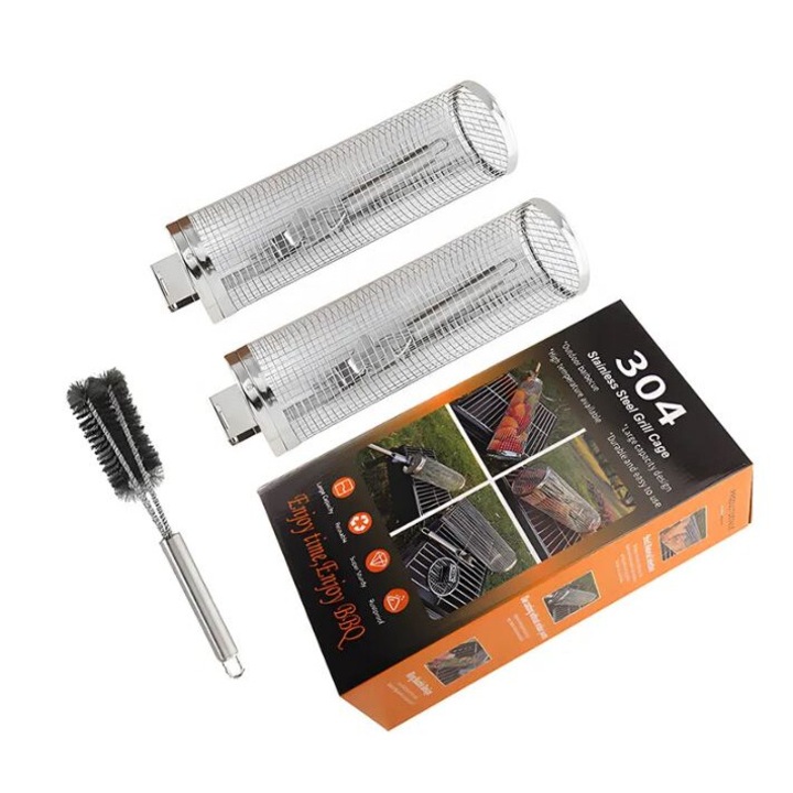 Pachet set 2 cosuri cilindrice pentru gratar, Dusiq BBQ Grill Basket cu perie de curatat, fabricat din otel inoxidabil 304, este rezistent la temperaturi extreme si la utilizare indelungata dar si usor de curatat, nu se lipeste, Cromat
