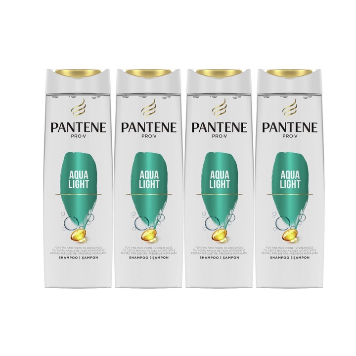 Set 4 x Pantene Sampon 400ml Aqua Light, testat dermatologic, prospetime de lunga durata, delicat pentru scalp, non-toxic, eco-friendly, aspect stralucitor, previne iritatia pielii, pH echilibrat, curatare ultra-blanda