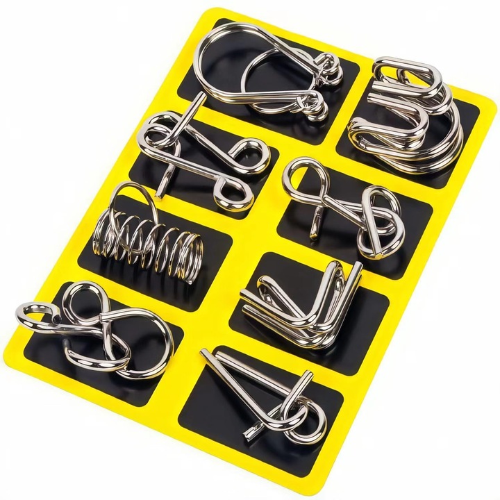 Set 8 Piese Puzzle Metalic, Joc de Indemanare, Argintiu