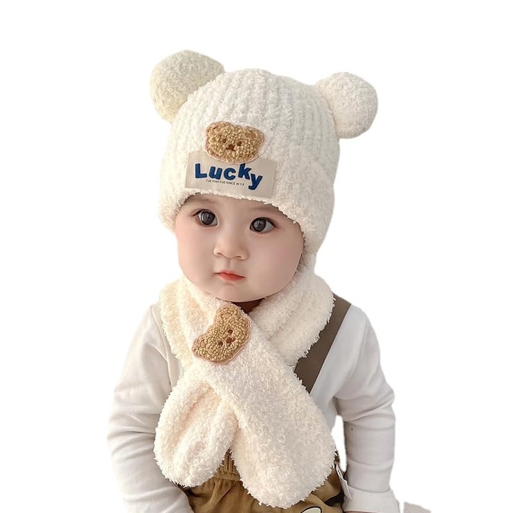 Детски комплект шапка и шал, OEMG, Bear Style, бял, памук, 1-3 години