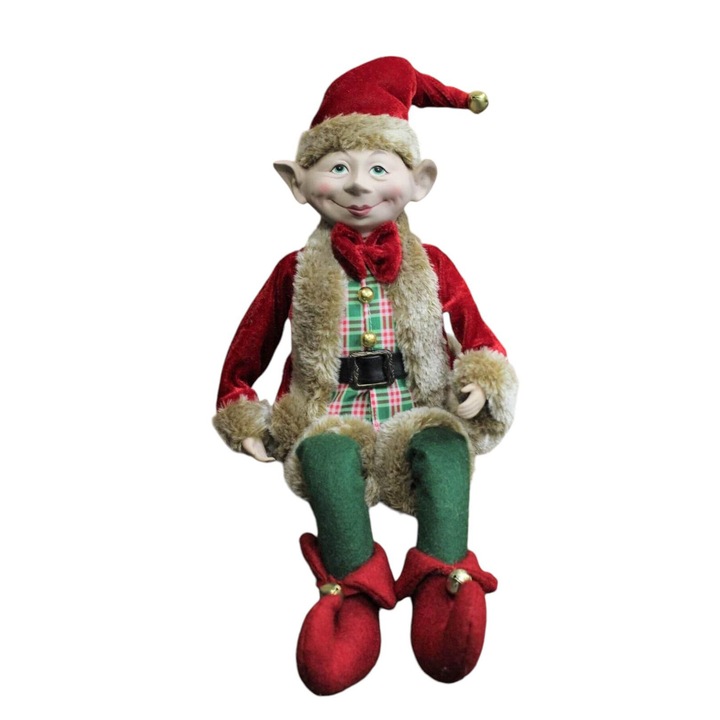 Figurina Elf in camasa carouri, textil cu fata de portelan, 14x8.5x41 cm