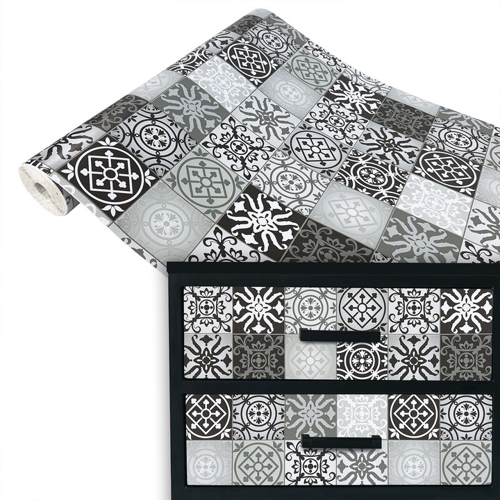 Autocolant pentru mobila, vanzare la metru, 45 x 100 cm, DecoMeister®, Model Gresie alb negru, Y082-045-0100