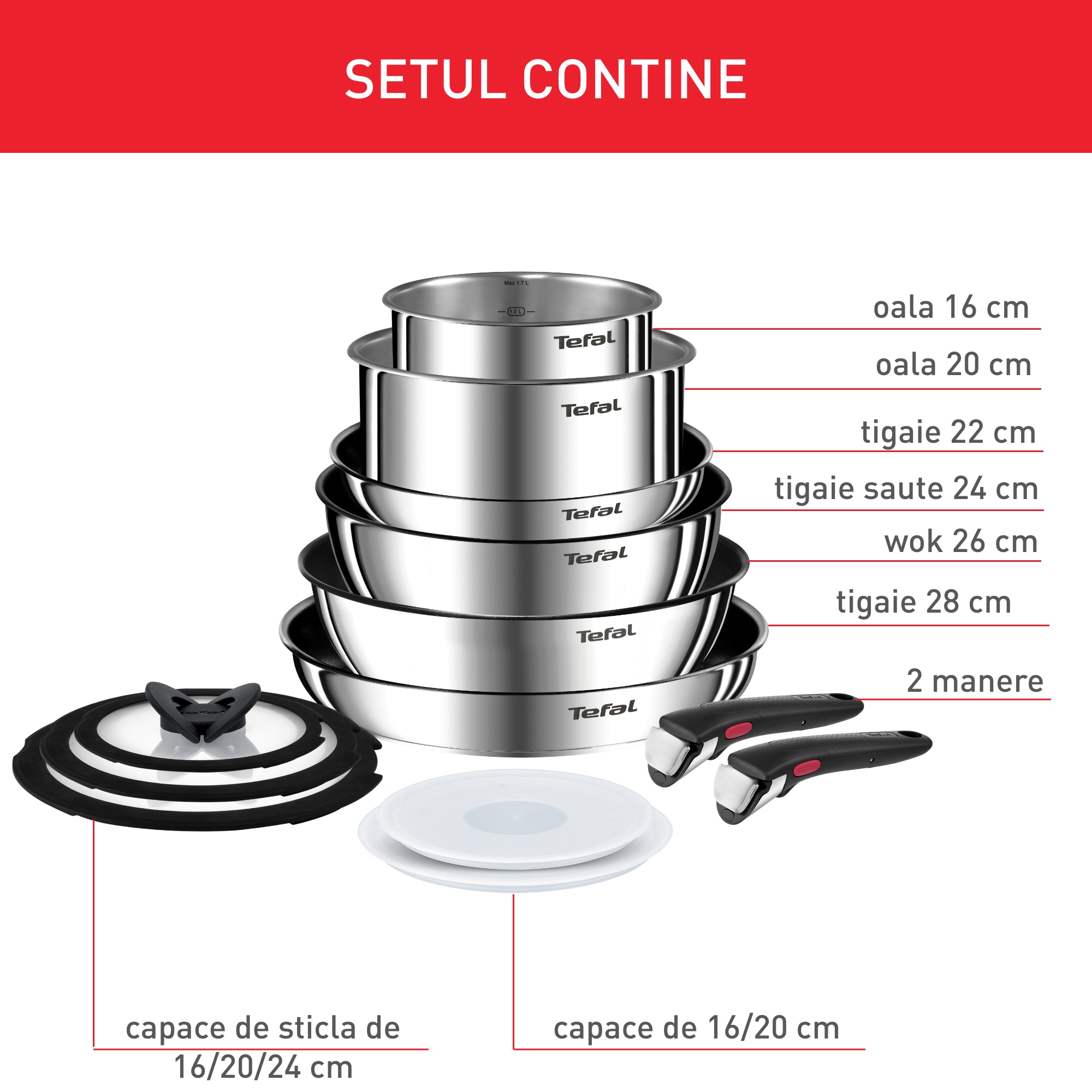 Set 13 piese Tefal Ingenio Emotion, oala 16 / 20 cm, tigaie 22