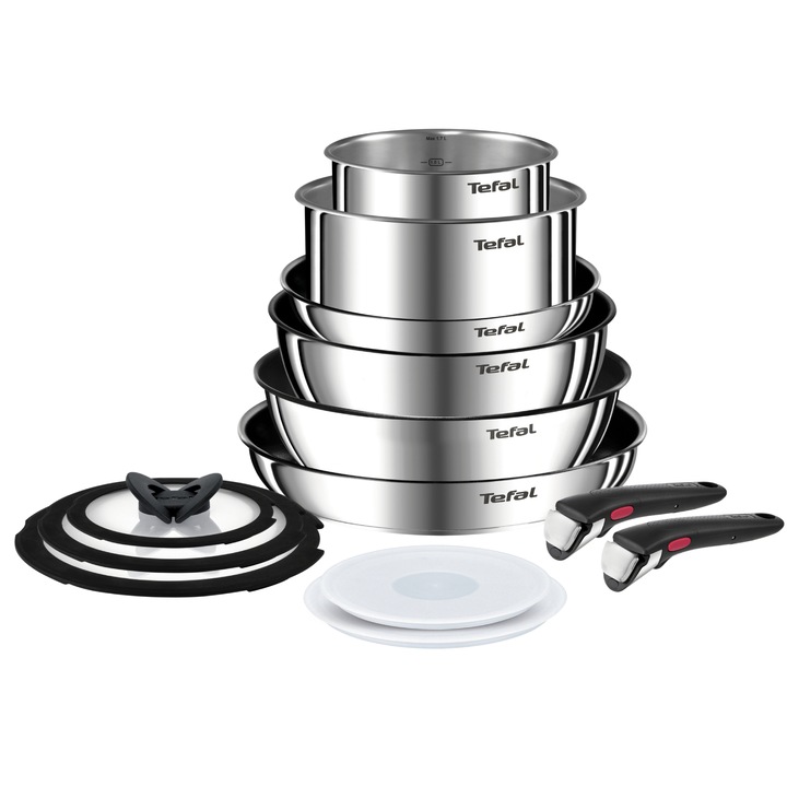 Комплект Tefal Ingenio Emotion, 13 части, Тенджера 16/20 см, Тиган 22/24/28 см, Уок 26 см, 2 подвижни дръжки, Стъклени капаци 16/20/24 см, Херметични капаци 16/20 см, Незалепващо покритие покритие, Индукция, Сребрист