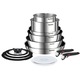 Set 13 piese Tefal Ingenio Emotion, oala 16 / 20 cm, tigaie 22 / 24 / 28 cm, wok 26 cm, 2 manere detasabile, capace sticla 16 / 20 / 24 cm, capace ermetice 16 / 20 cm, invelis antiaderent, inductie, argintiu
