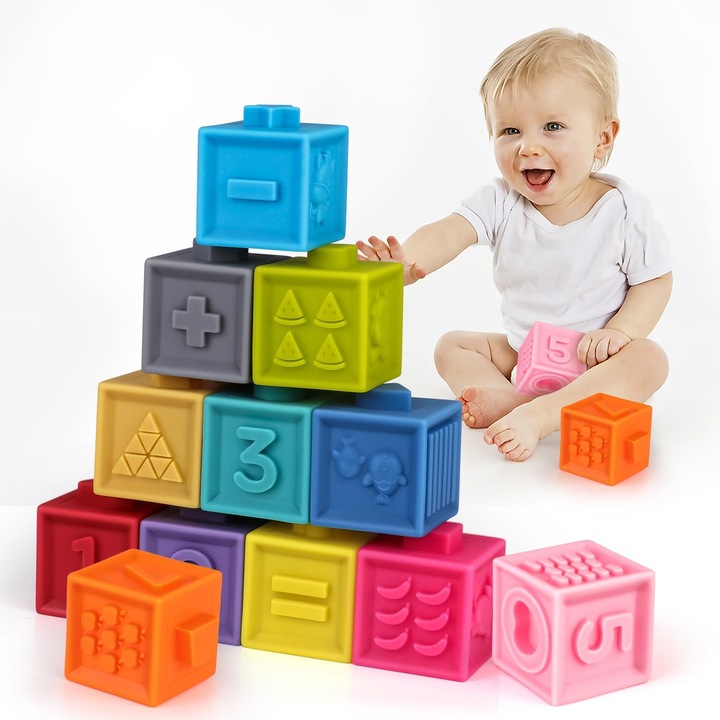 Set 12 Cuburi Senzoriale Montessori FlexiBlox Indiggo® pentru Joaca ...