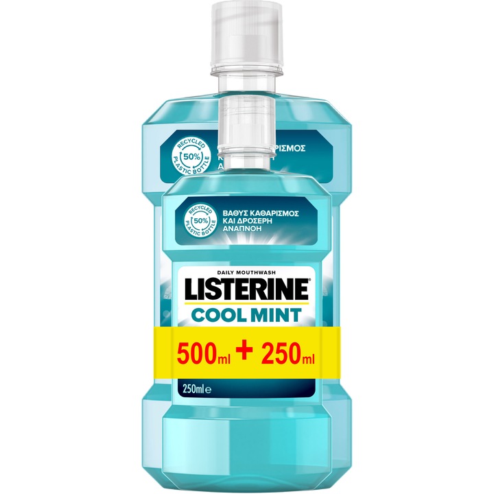 Комплект: Вода за уста Listerine Coolmint, 500 мл + 250 мл