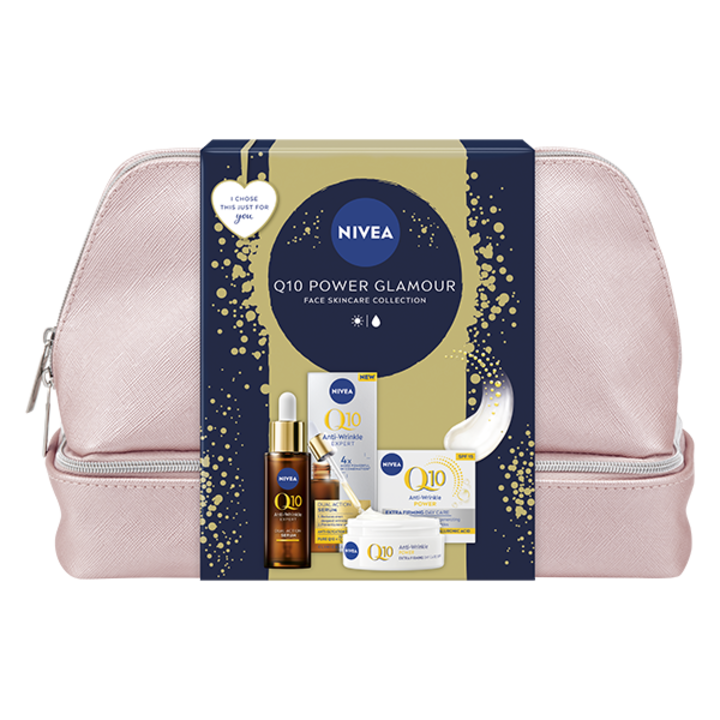 Set cadou Nivea Q10: Crema anti-rid de zi SPF 15, 50ml + Serum dual-action anti-age si anti-glycation, 30ml
