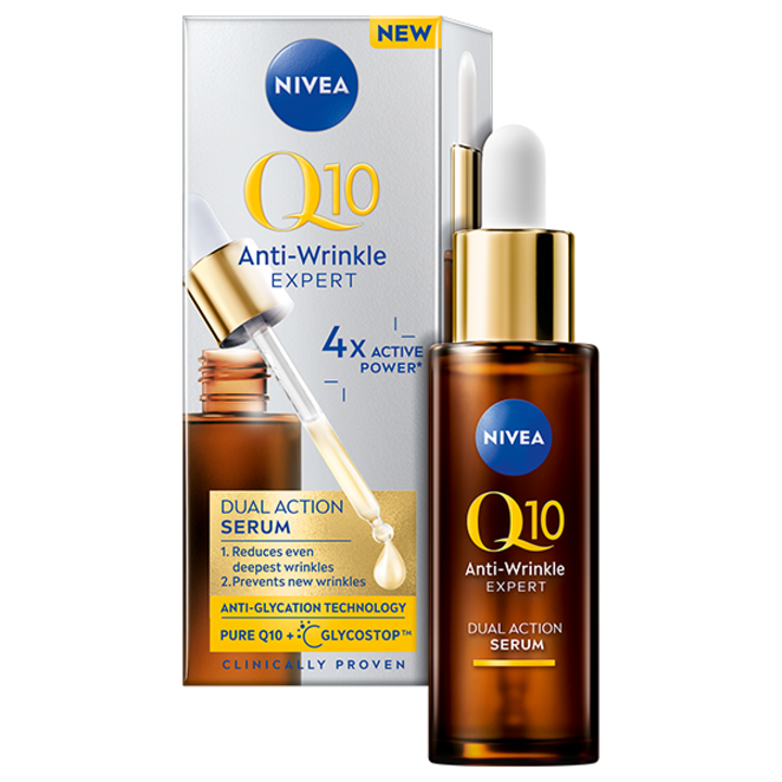Set cadou Nivea Q10: Crema anti-rid de zi SPF 15, 50ml + Serum dual-action anti-age si anti-glycation, 30ml