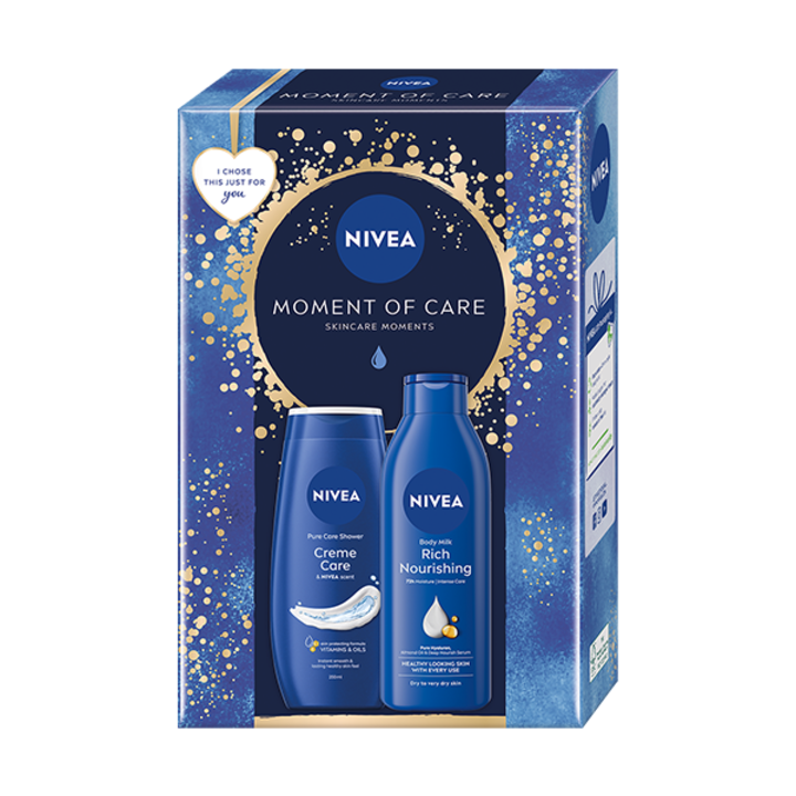 Подаръчен комплект Nivea: Душ гел Creme Care, 250 мл + Мляко за тяло, 250 мл