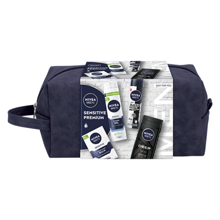 Set cadou Nivea Men pentru ten sensibil: Balsam dupa ras, 100 ml + Gel de ras, 200 ml + Deodorant spray Invisible Black & White Power 150 ml + Gel de dus Deep, 250 ml
