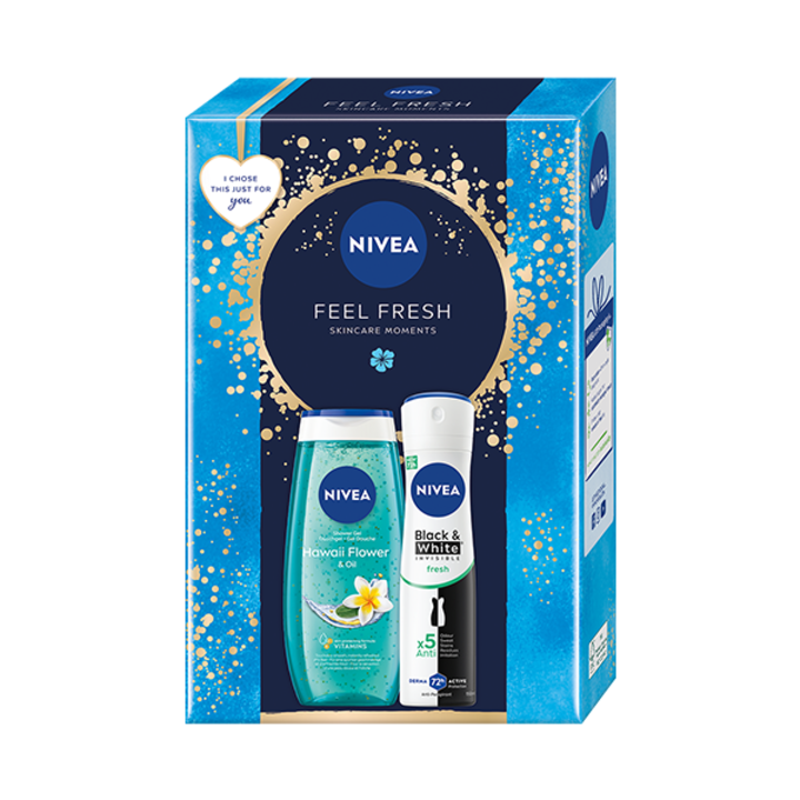 Set cadou Nivea: Gel de dus Frangipani & Oil, 250 ml + Deodorant spray Invisible for Black & White Fresh, 150 ml