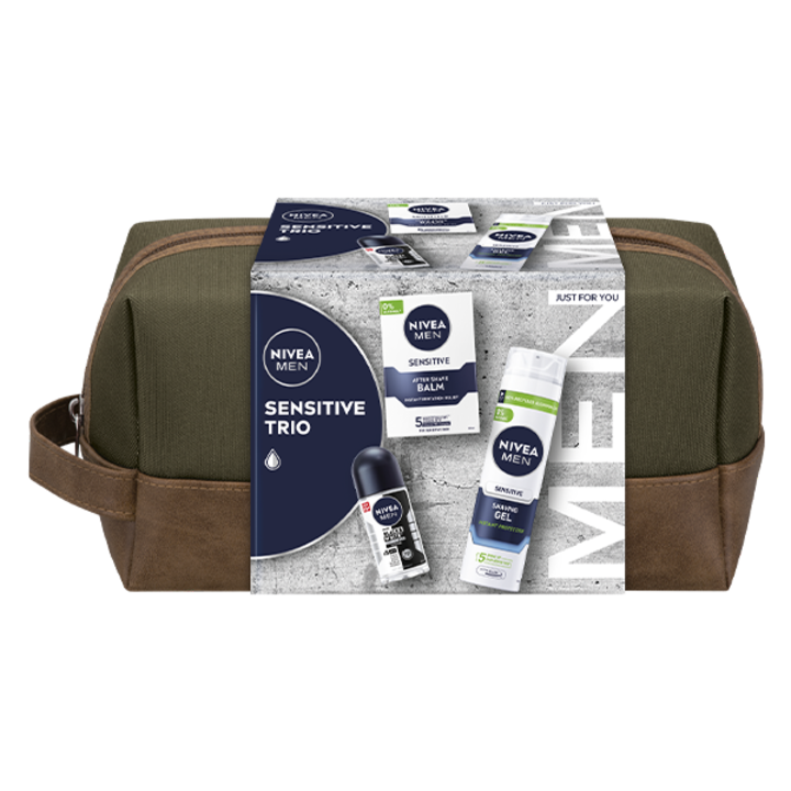 Set cadou Nivea Men pentru ten sensibil: Balsam dupa ras, 100 ml + Gel pentru ras, 200 ml + Deodorant roll-on Invisible Black & White Power, 50 ml