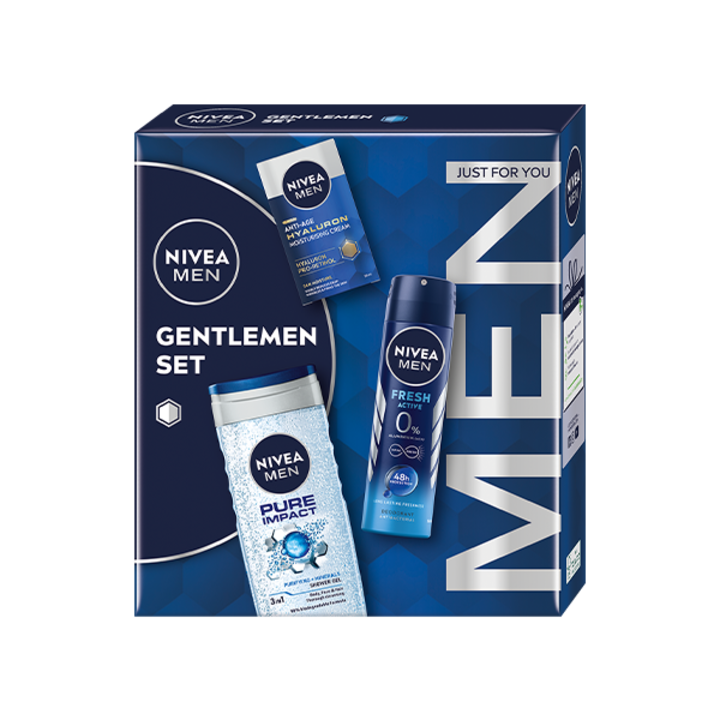 Set cadou Nivea Men: Crema de fata antirid Hyaluron SPF15, 50 ml + Gel de dus Pure Impact, 250 ml + Deodorant spray Fresh Activ, 150 ml