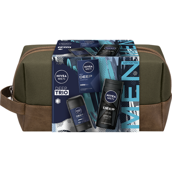 Комплект Nivea Men Deep: Лосион за след бръснене, 100 мл + Душ гел, 250 мл + Дезодорант стик, 50 мл