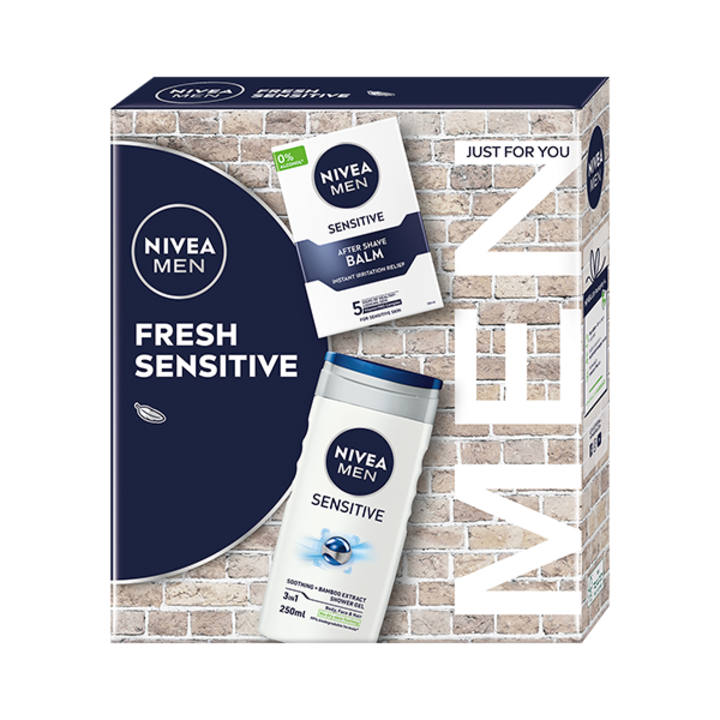 Nivea Men Sensitive ajándékkészlet: Tusfürdő, 250 ml + Borotválkozás utáni balzsam érzékeny bőrre , 100 ml