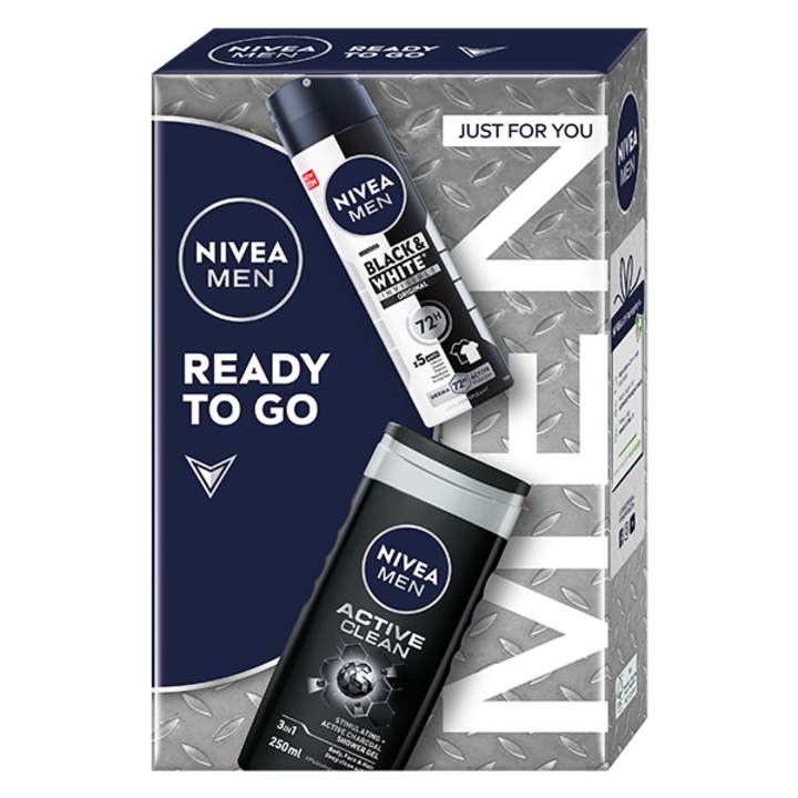 Nivea Men ajándékkészlet: Active Clean tusfürdő, 250 ml + Invisible Black & White Power dezodor spray, 150 ml