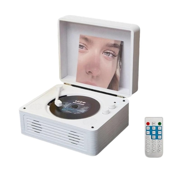Hordozható CD lejátszó, vintage design, fehér, Bluetooth támogatás, méretek 203x170x93mm, fehér