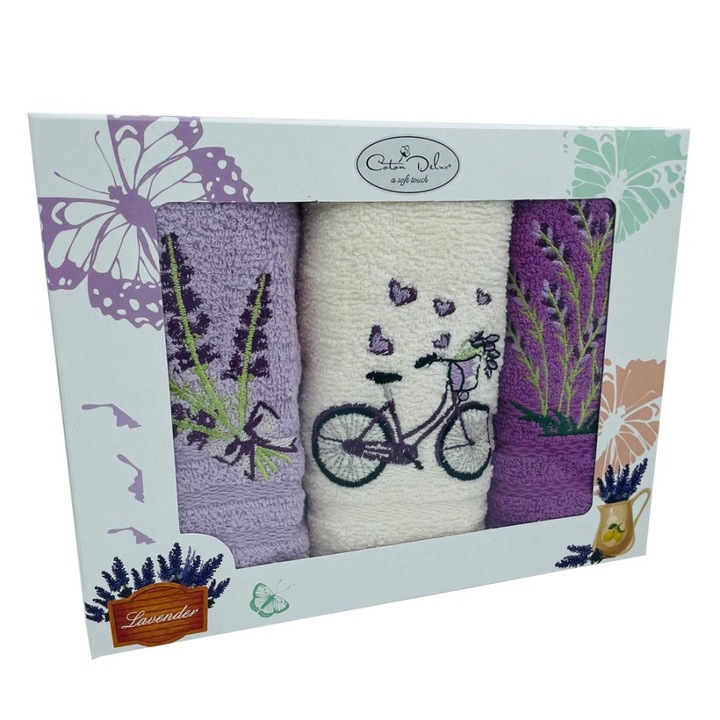 Комплект 3 кухненски кърпи с бродерия, 100% памук, размер 30х50см, Delux Cotton, Lavender и Bicycle