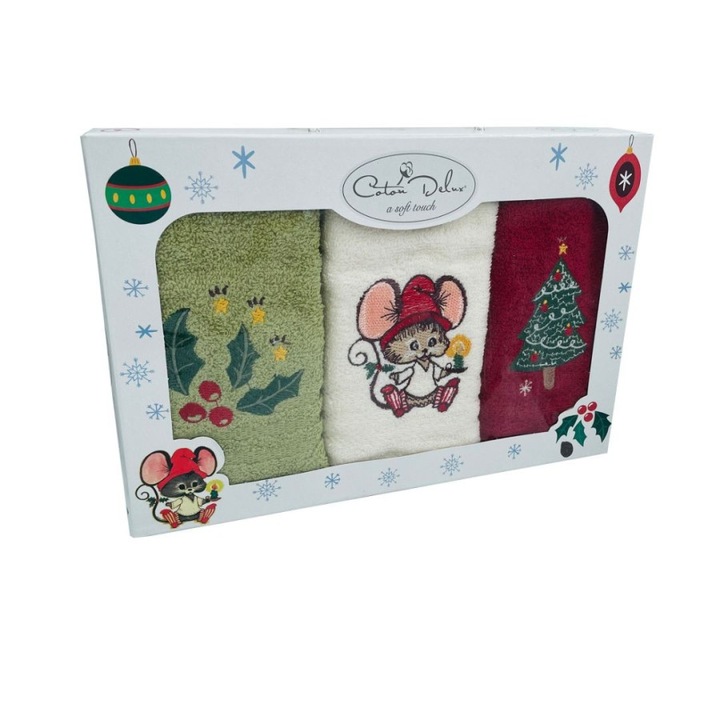 Комплект 3 кухненски кърпи с коледна бродерия, 100% памук, размер 30х50 см, памук